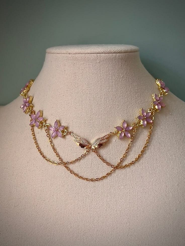 “Elegant Gold Floral Choker with Pink Enamel and Layered Chains”